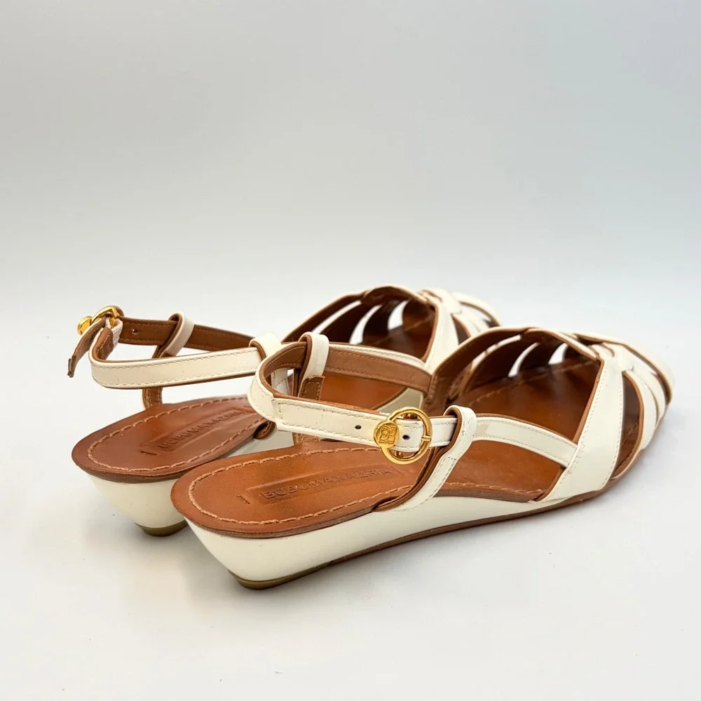 BCBG MAX AZRIA Cream Patent Leather Wedge Slingback Sandals 6.5B Chic Brazil